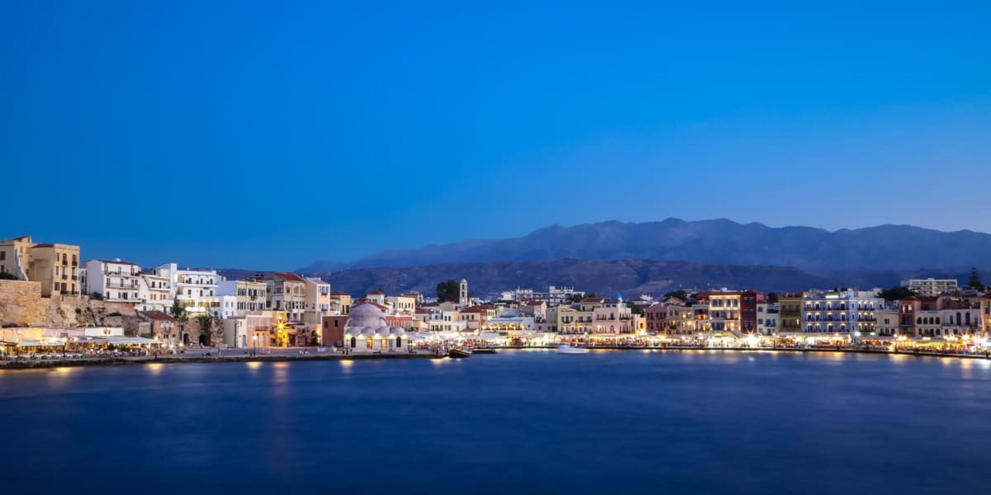 Chania old Venetian harbor at blue hour, Crete